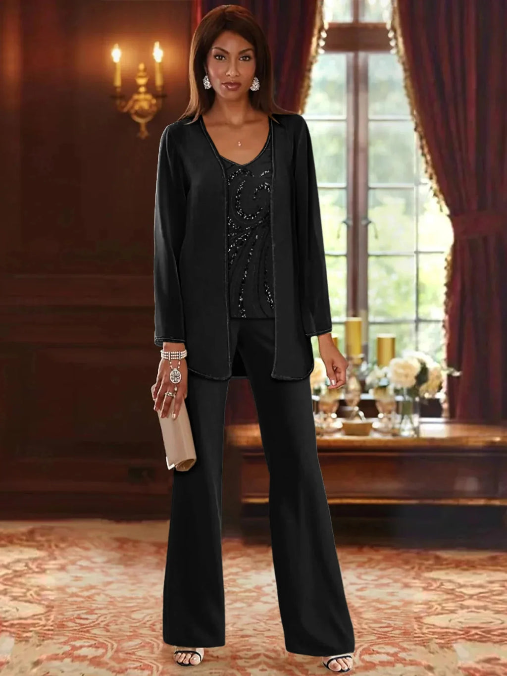 Pantsuit 3 Piece Mother of the Bride Dress Formal Wedding Guest V Neck Chiffon Lace Sleeveless with Beading Sequin 2024