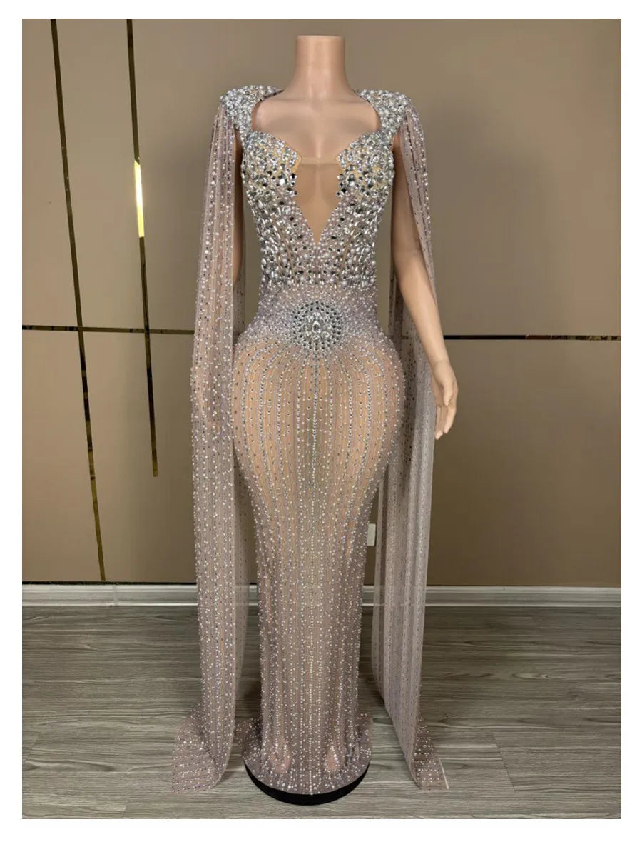 Luxury Sparkling Champagne Large Crystal Transparent Long Train Dress Set Birthday Celebration Dress Evening Wedding Dance Dress
