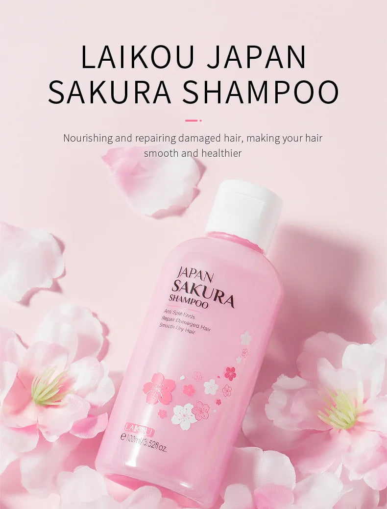 LAIKOU Japan Sakura Shampoo 100ml Travel Size Repair Split Ends Smooth Dry Damaged Hair Cherry Blossom Fragrance Hair Wash