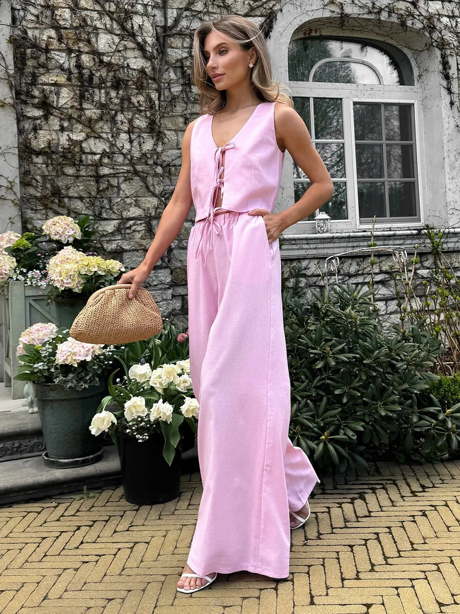 Women Spring Summer V Neck Tie Front Crop Vest High Waist Wide Leg Pants 2 Piece Set