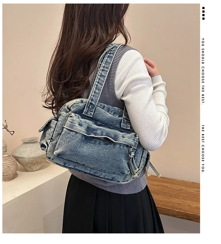Trendy Vintage Denim Top Handle Bag Women Fashion Spring Shoulder Bag Casual Comfortable and Versatile Texture Storage Bag