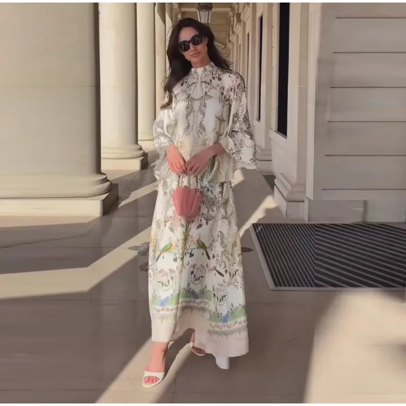Elegant Women's Printed Long Dresses Loose O-neck Flared Half Sleeve Big Hem Wide Female Dresses 2026 Summer Lady HolidayRobes