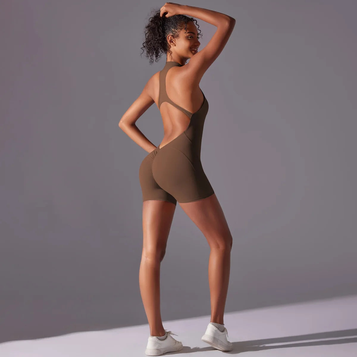 Women's High Neck Zip-Up Yoga Bodysuit, Sleeveless Hollow Back Scrunch Butt Lifting Romper, Buttery Soft Workout Activewear