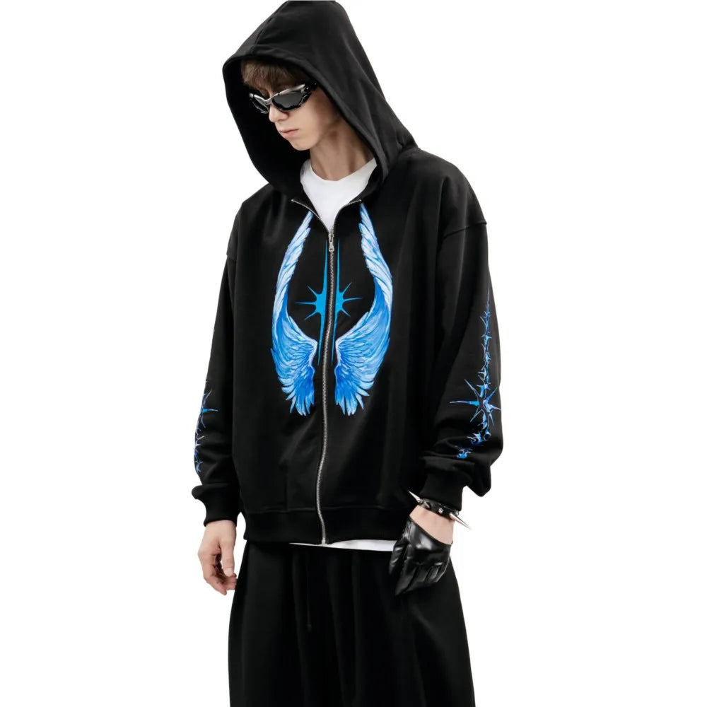 Streetwear Men Zipper Hoodie Bright Side Graphic Print Zip Hooded Pullover Sweatshirt Hip Hop Jacket Y2K Coat Clothing Goth Tops