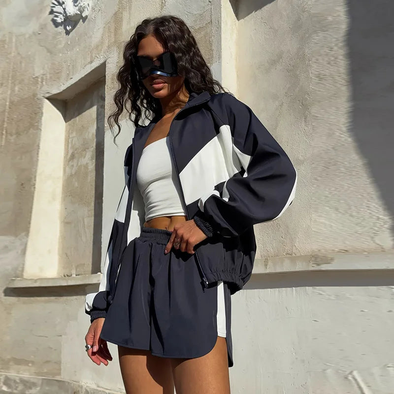 Fashion Color Block 2 Piece Tracksuit Women's Stand Collar Zip Lightweight Jacket Loose Mini Shorts 2026 New Lady Casual Outfit