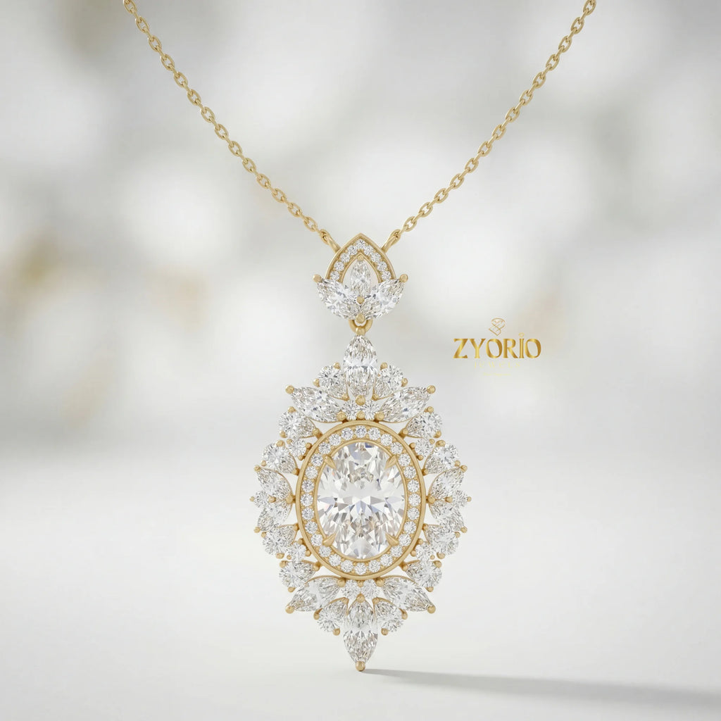 Gold Oval Halo Cluster Diamond Pendant Necklace Women Brilliant Diamond Link Chain Jewelry for Engagement Wedding Anniversary