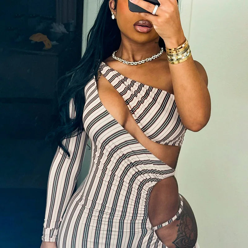 Fashion Women's Sexy Hollow Jumpsuit 2025 Spring Ruched Irregular Hipster Club Stripes Print Full Sleeve Midnight Party Overalls