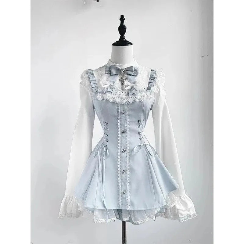 Japanese Style Lolita 2 Piece Set Y2k Mini Skirt Woman Harajuku Sweet Kawaii Print Dress Tops Korean Fashion Elegant Dress