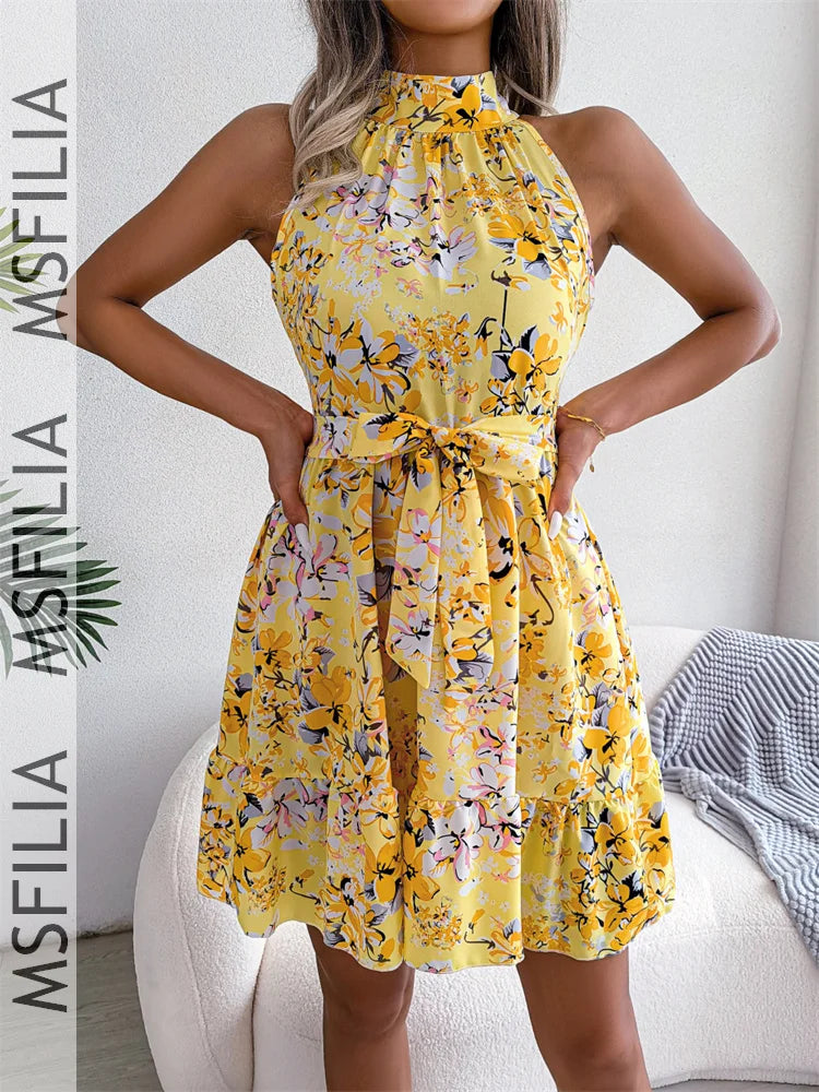 Msfilia Spring Summer Sexy Leopard Print Ruffled Dress Women Sleeveless Lace Up A Line Halter Neck Mini Dress