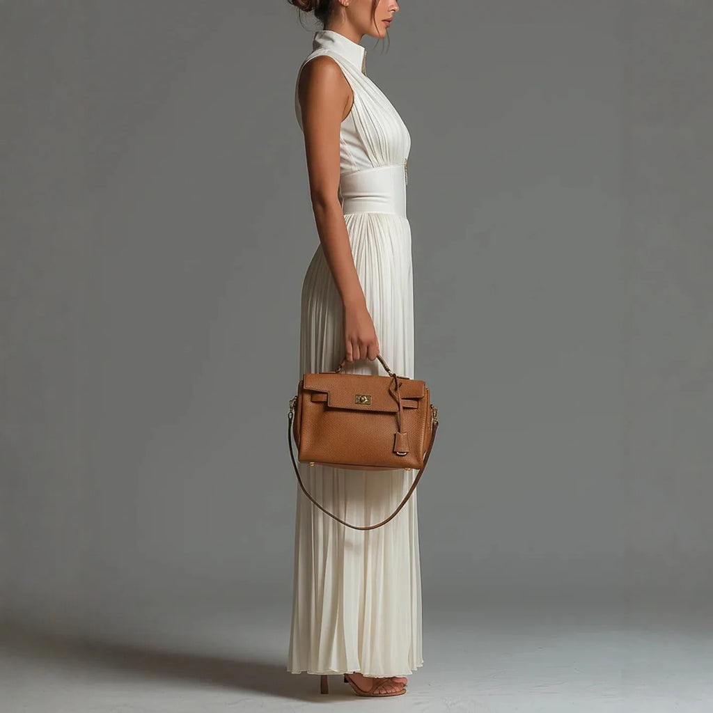 White Pleated Neck Women's Jumpsuit Long Wide Leg Fashionable Sexy Pleated