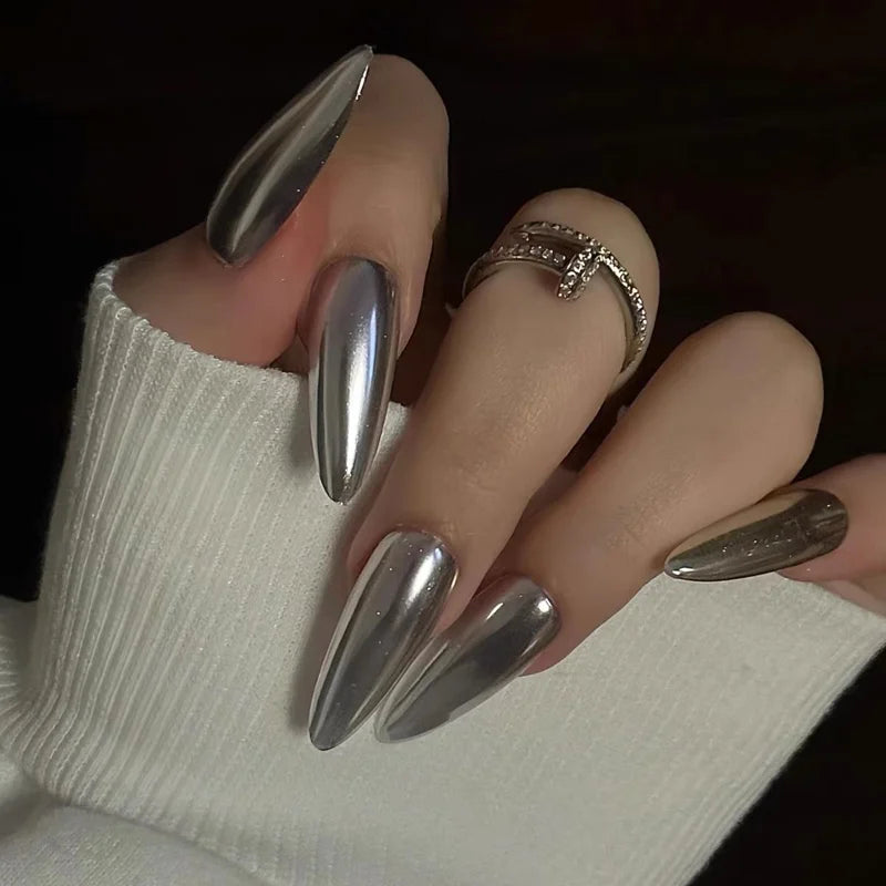 10PCS Metal Handmade Press on Nails Acrylic Magic Full Cover Fake Nails Reusable Adhesive Silver Artificial Cool Manicure Art