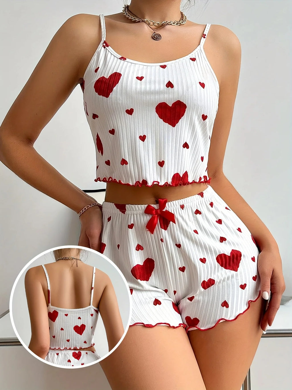 Summer Women's Heart Print 2PCS Pajamas Set Soft Ribbed Tank Top and Shorts Nightwear Sleepwear Loungewear