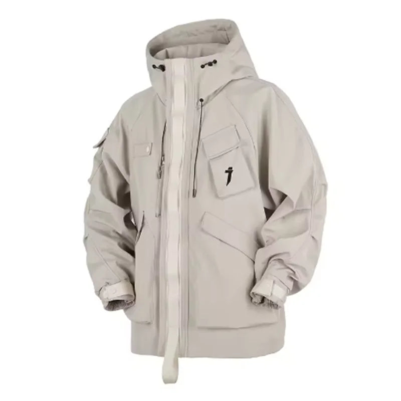 Spring New 2025 Outdoor Hardshell Jacket Men's Loose Punk Style High Street Stand Collar Hooded Coat Fashion Personality Top