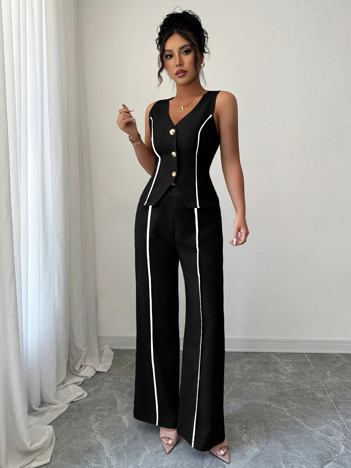 Elegant V-neck High-waisted Color-block Sleeveless Women's Suit For Spring/summer 2026 Dress Elegant Lace Maxi Beach
