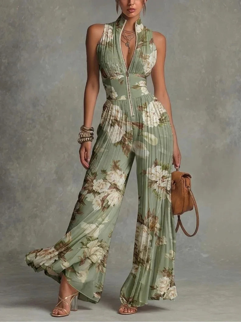 White Pleated Neck Women's Jumpsuit Long Wide Leg Fashionable Sexy Pleated