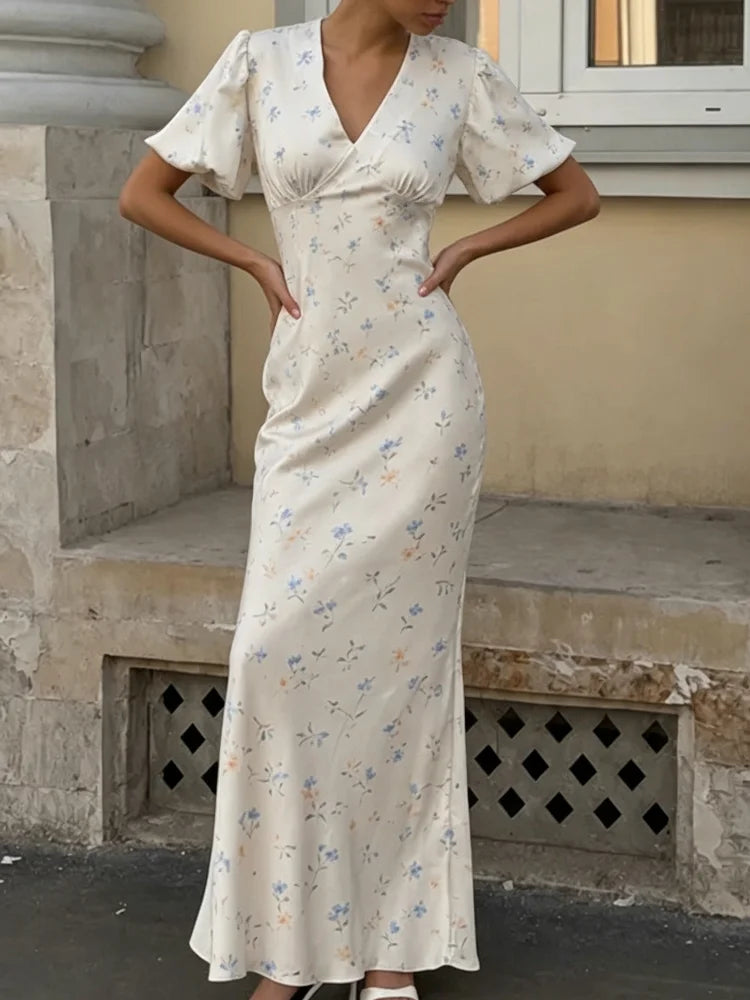 Elegant Printed V-neck Maxi Dress Women Fashion Satin Puff Short Sleeve High Waist Slim Long Dresses 2026 Summer Lady Party Robe