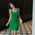 2026 Summer New Women's Square Neck High Waist Suspender Dress, Fashionable Casual Vacation Style, Waist Pockets, A-line Skirt