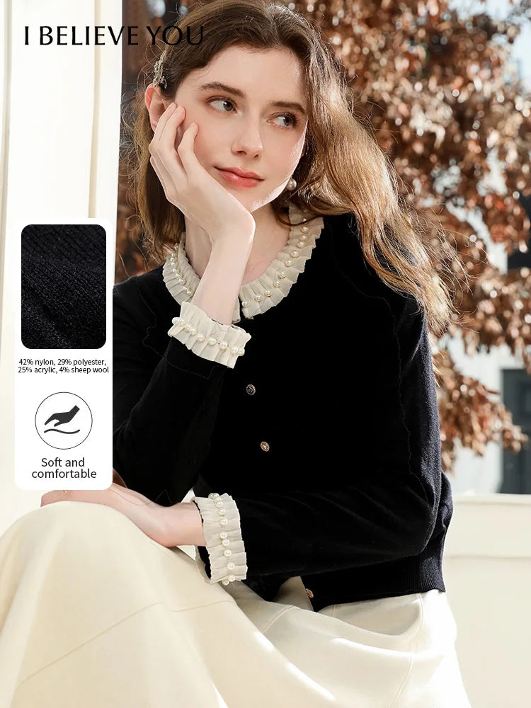 I BELIEVE YOU Women Black Cardigan 2025 Autumn French Beaded Sweater Commuting Round Neck Long-Sleeve Knit Cardigan 2254146099