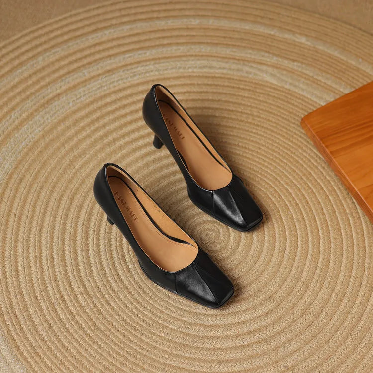 NEW Spring/Autumn Women Pumps Genuine Leather Shoes for Women Square Toe Thin Heel Shoes Concise Shallow High Heel Pleated Shoes