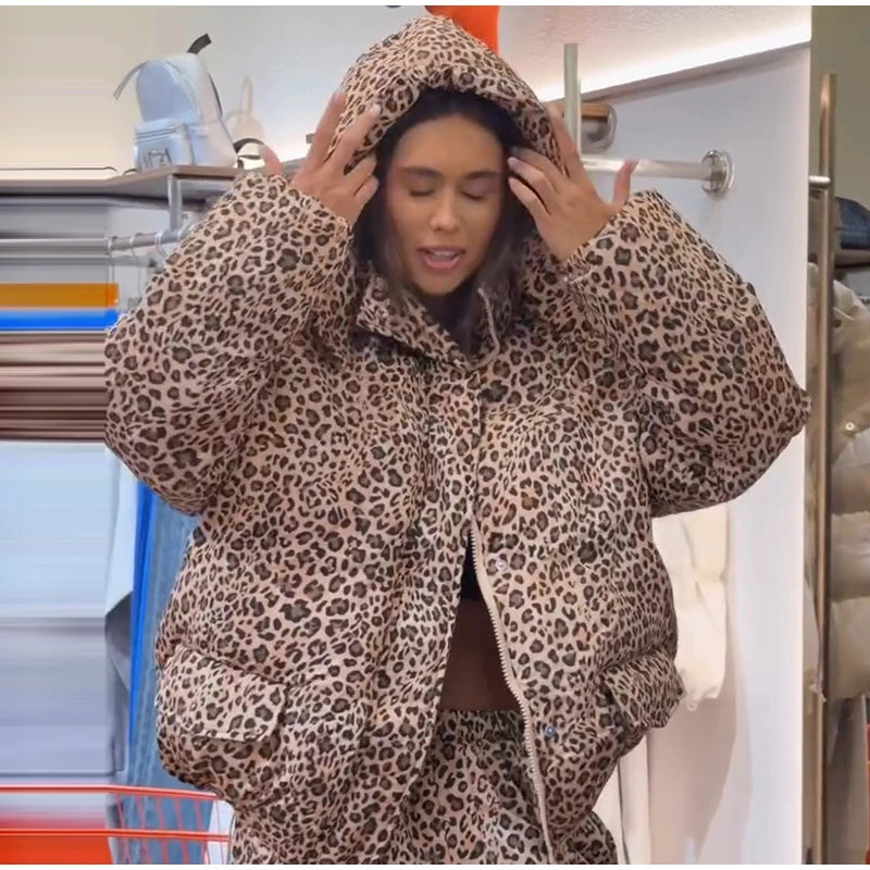 Leopard Print Women's Winter Down Jacket Pant Set Hooded Full Sleeve Zipper Jacket Elastic Waist Pants 2026 Warm Padded Coat Set