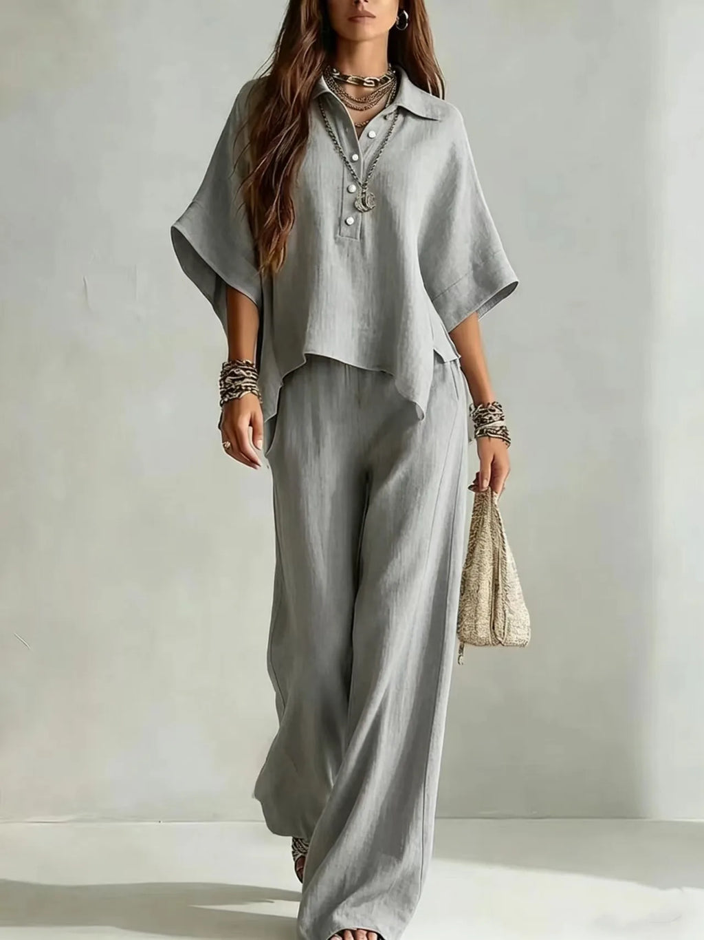 New Solid Color Pants Set 2026 Summer Loose Half-sleeved Shirt Loose Wide-leg Trousers Two-piece Set Fashion Vacation Suit