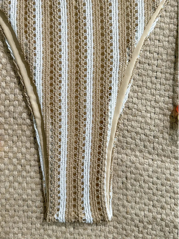 2026 Summer Women's Striped Knitted Solid Color Bikini Set Sexy Fashion Beach Vacation Bandage Swimsuit