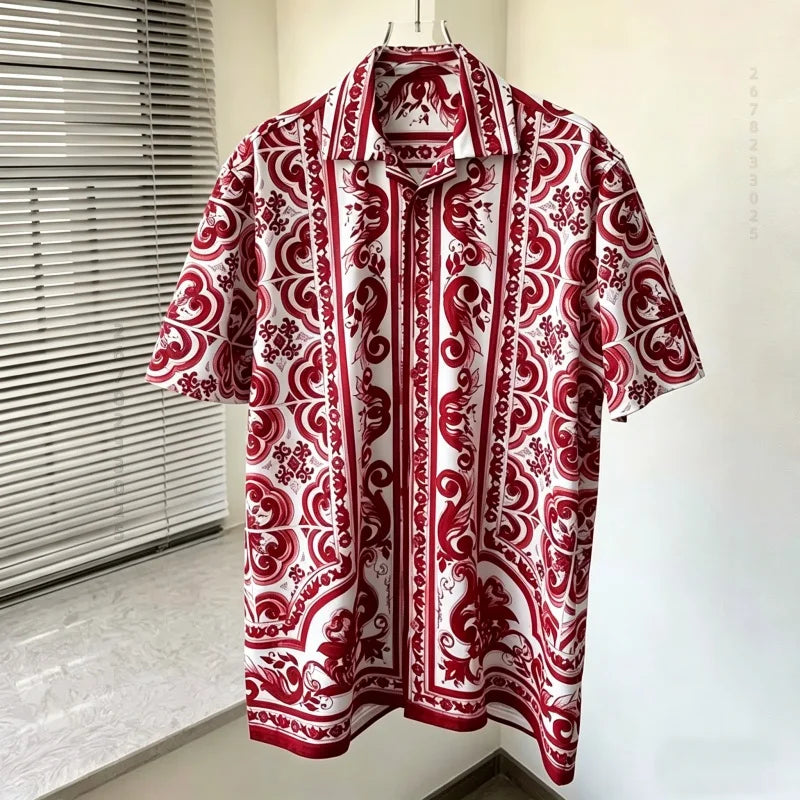 Men's shirts, summer Baroque printed shirts, loose oversized retro short sleeved shirts, vacation style versatile men's tops