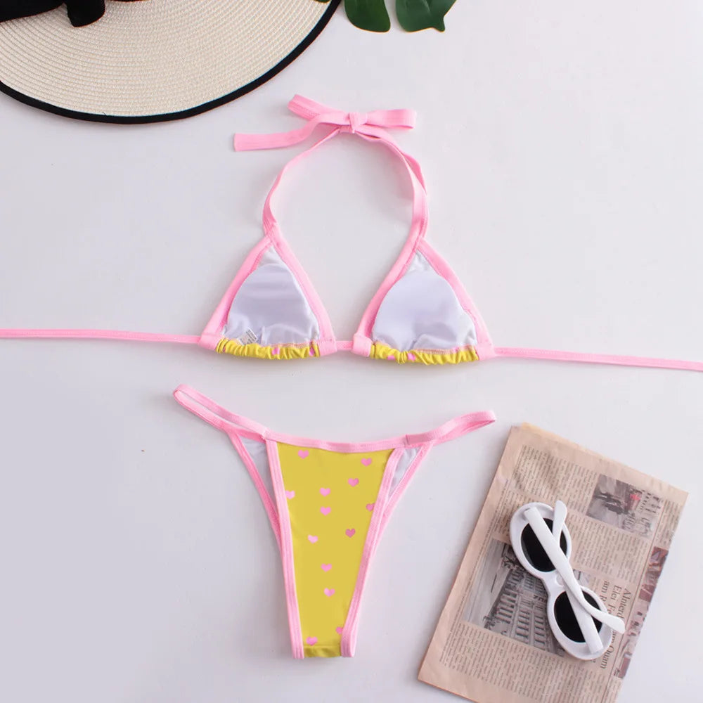 Sexy Bikini Swimsuit Digital Print Two-Piece Women's Triangle Soft Pack Swimwear Trendy Floral Pattern without Shoulder Straps