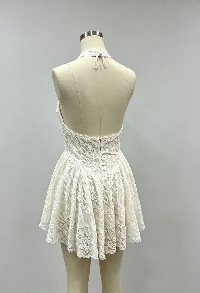 Ivory White Halter‑Neck Lace Mini Dress Women Deep V‑Neck Backless Fitted Waist Flared Hem Vestido Birthday Date Holiday Gown