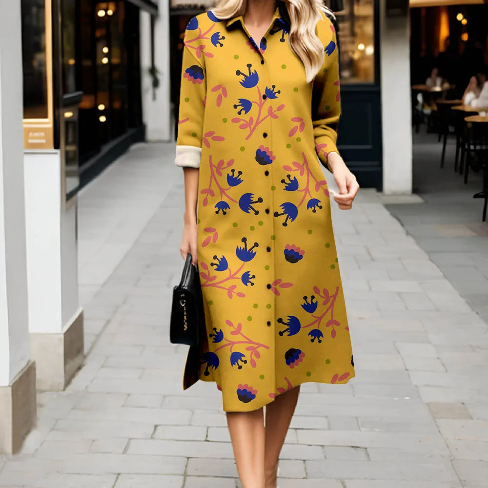 2025 New Women's Shirt Dress Fashion Floral Printing Long Sleeve Lapel Button Dress Casual Loose Streetwear Cardigan Dresses