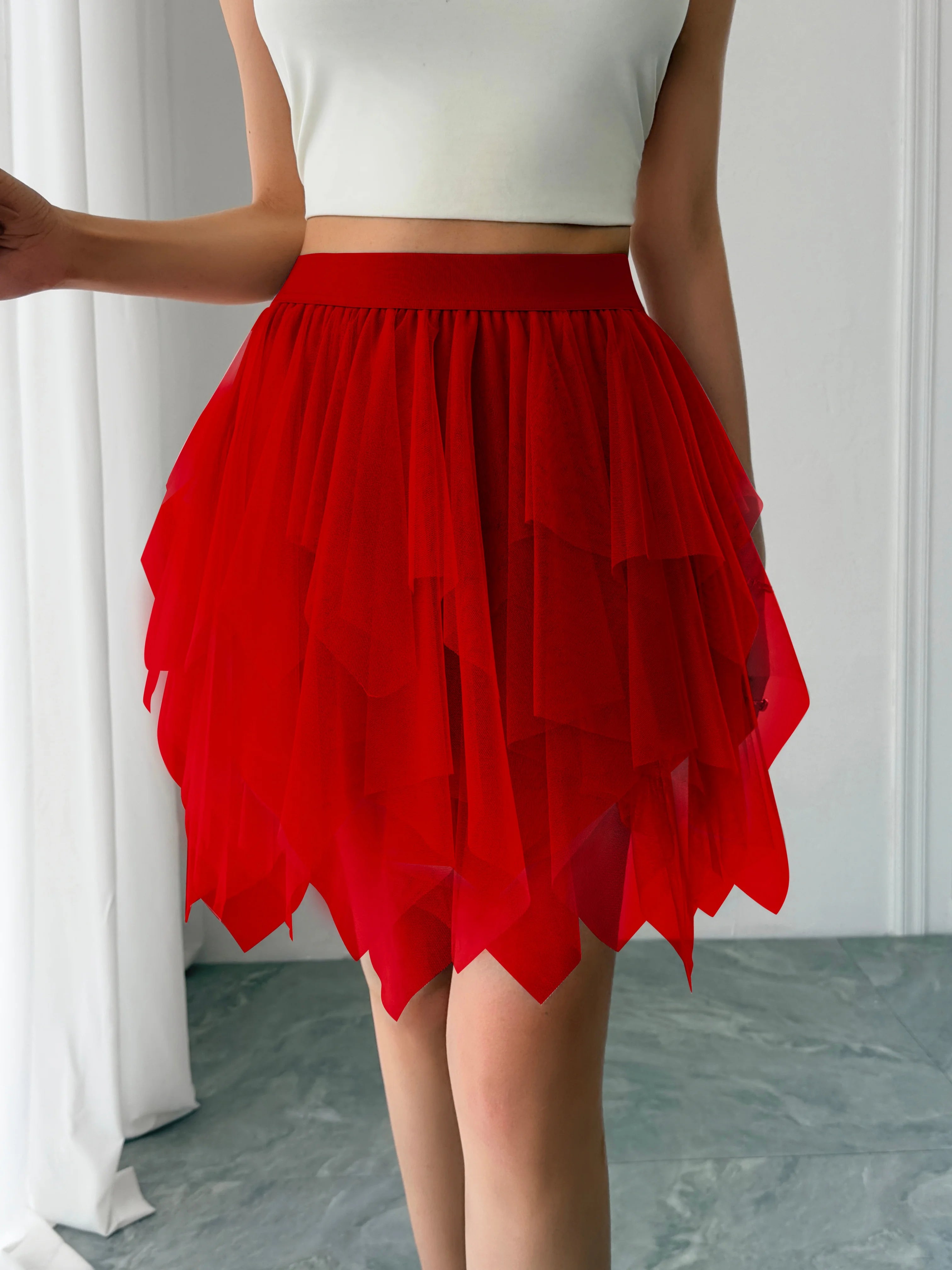 Women's mid waist chiffon mini skirt summer casual asymmetrical hem layered ruffle A-line skirt holiday sweet fairy skirt