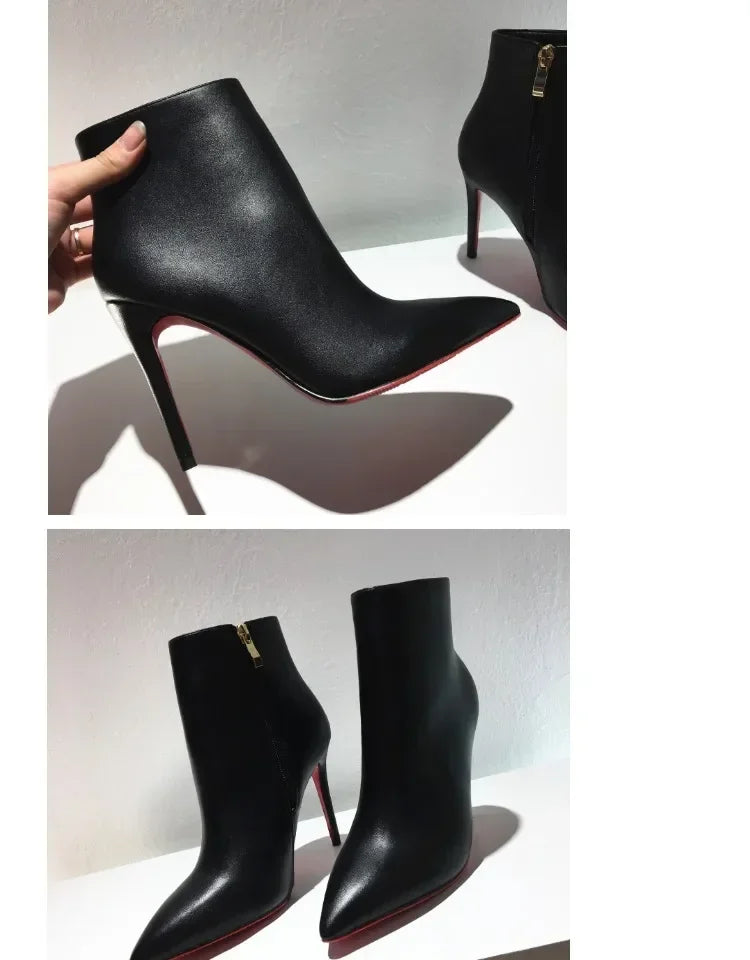high heeled short boots  fashionable and sexy soft leather pointed thin heel side zipper and bare boots