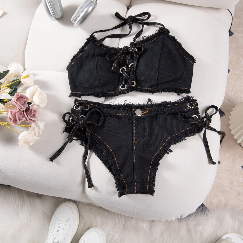 DEKA Retro Women Bikini Denim Suits Summer Halter Camis+ Mini Pant Lingerie Fashion Vacation Swimsuits Sexy Bra&Briefs Sets