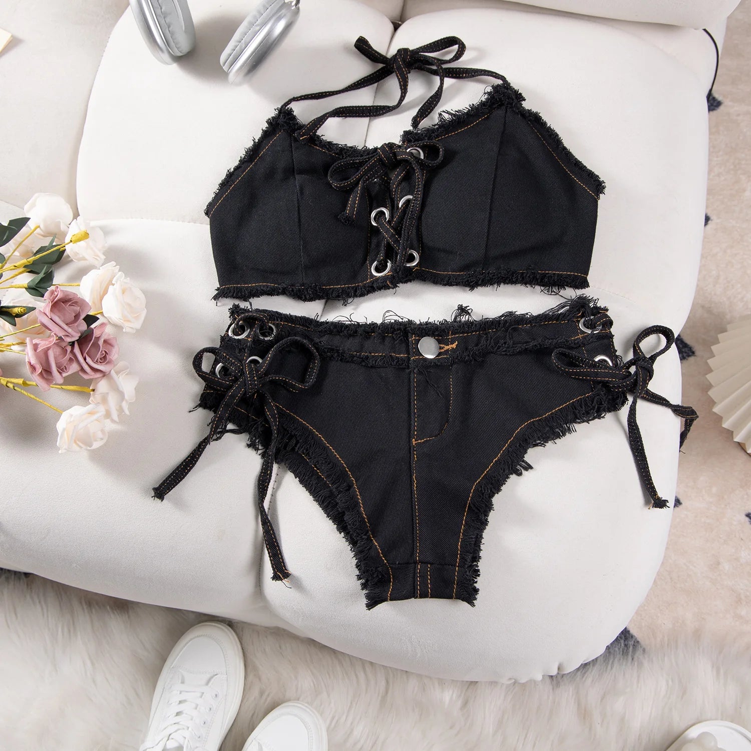 DEKA Retro Women Bikini Denim Suits Summer Halter Camis+ Mini Pant Lingerie Fashion Vacation Swimsuits Sexy Bra&Briefs Sets