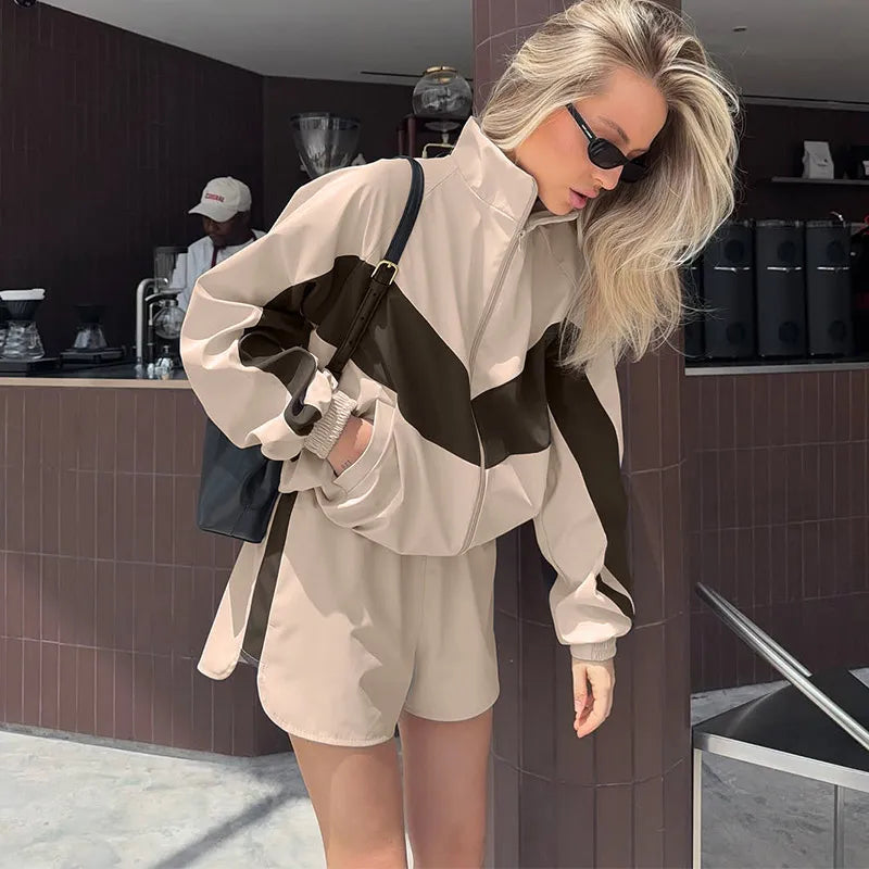 Fashion Color Block 2 Piece Tracksuit Women's Stand Collar Zip Lightweight Jacket Loose Mini Shorts 2026 New Lady Casual Outfit