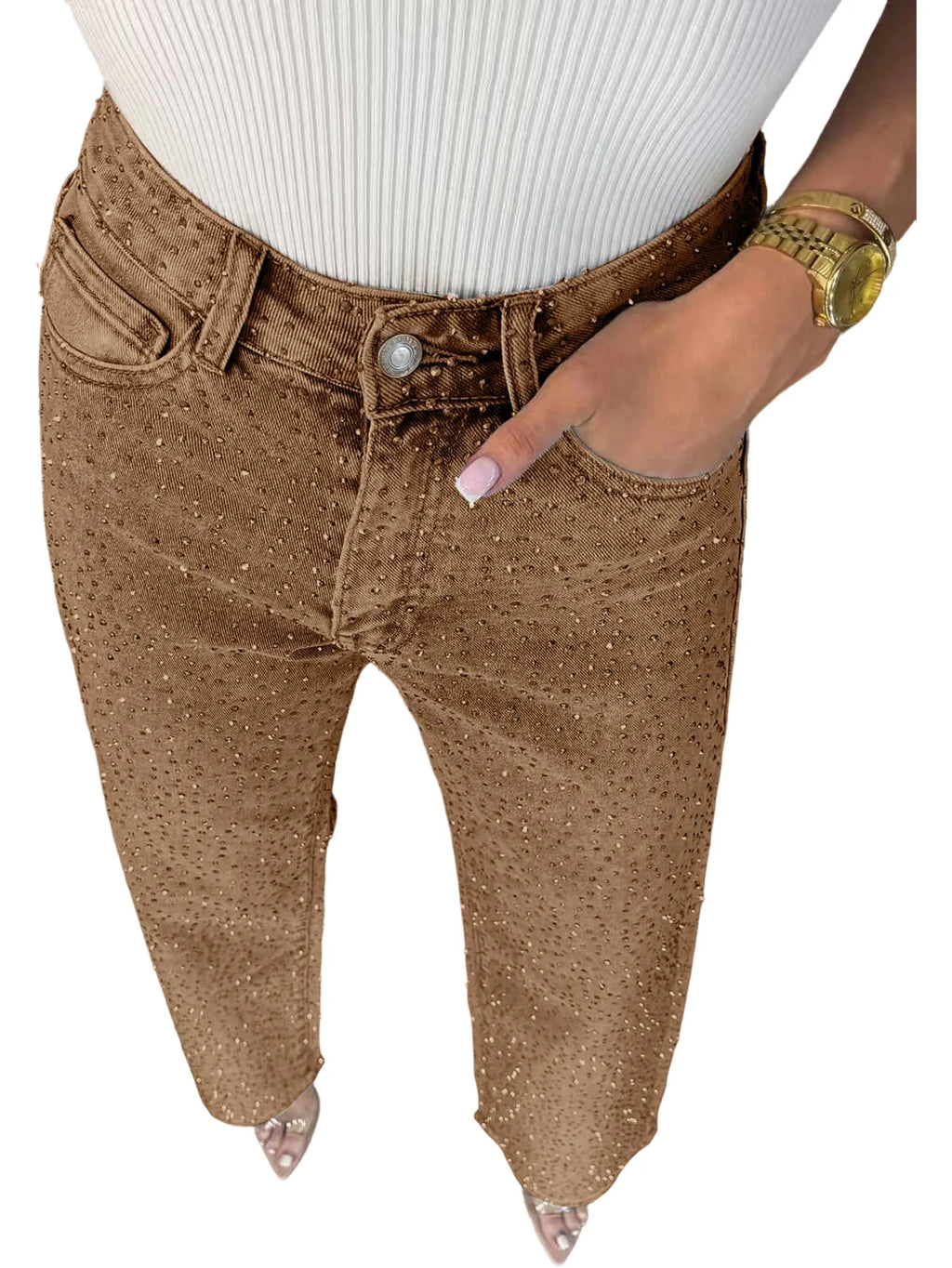 Women's Outfit Featuring Diamond-studded Washed Denim Pants Women's High-waisted Straight-leg Pants, and "hot Girl" Style Pants.