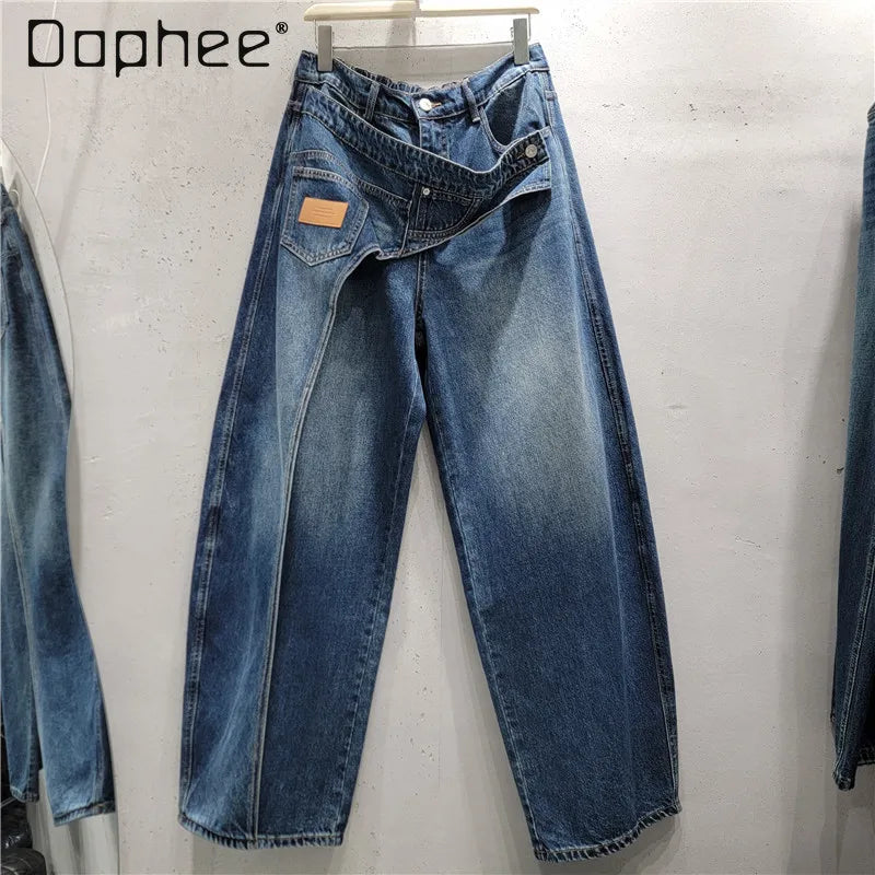 Women Irregular Crossover Waist Wide Leg Jeans Women's 2026 Autumn New Wide Legs Pants Vintage Washed Casual Denim Trousers