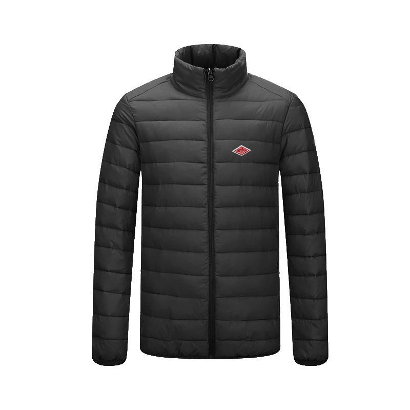 Winter Korean Style Men With Embroidery Logo Front Light Thin Hooded Down Long sleeves Zipper Turtleneck Jacket Warm Windproof