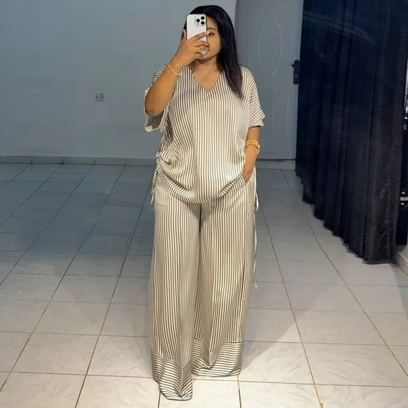 Pant Set Women Two Piece Sets V Neck Short Sleeve Drawstring Shirt Striped Wide Leg Long Pants Elastic Waist Y2k Streetwear 2026