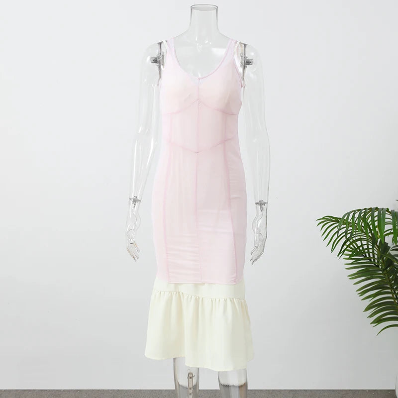 Sexy Nude Fishbone V-neck Dress Women Elegant Sleeveless Pleated Slim Waist-cinching Gown 2026 Summer Party Casual Streetwear