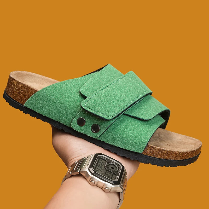 Men's Cork Slippers Suede Leather Clogs with Open Upper Comfort Footbed Adjustable Sandals Slides Indoor Home Shoes Women Couple