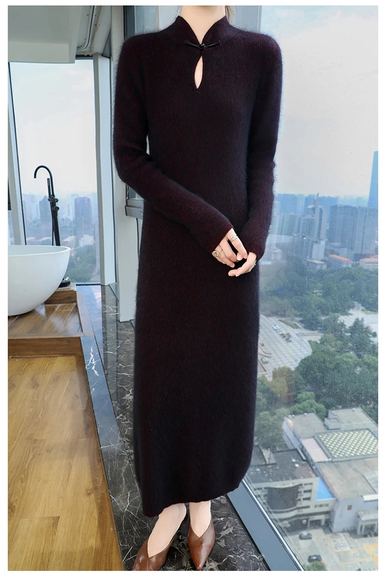 Women' 100%Pure Mink Cashmere Dress Stand-Up Collar Buckle Slim Knit Long Skirt Fashion High Waist Over The Knee Bottoming Dress