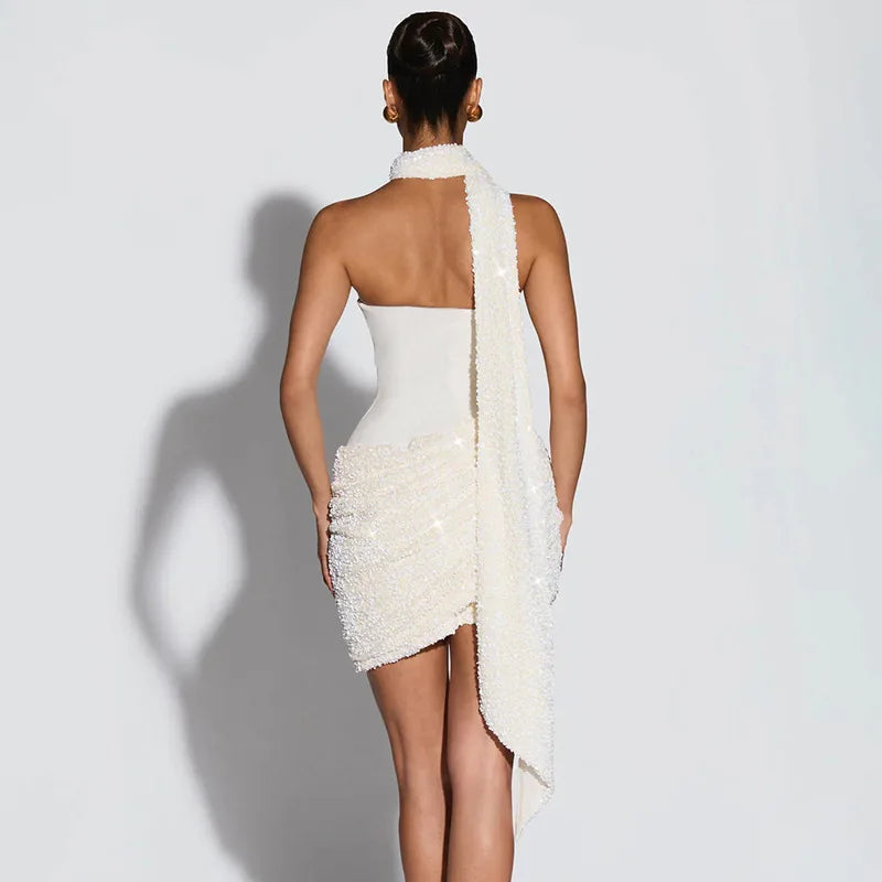Chic Sequin Patchwork Strapless Mini Dress Women Scarf Collar Off-shoulder Waist Cinching Pleated Robe Lady Evening Party Gowns