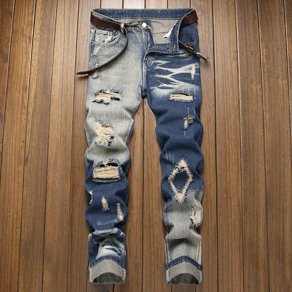 New Retro Jeans Men's Ripped Straight Leg Pants Ripped Jeans Fashionable Casual Pants Trousers Pants Male Street Wear Clothing