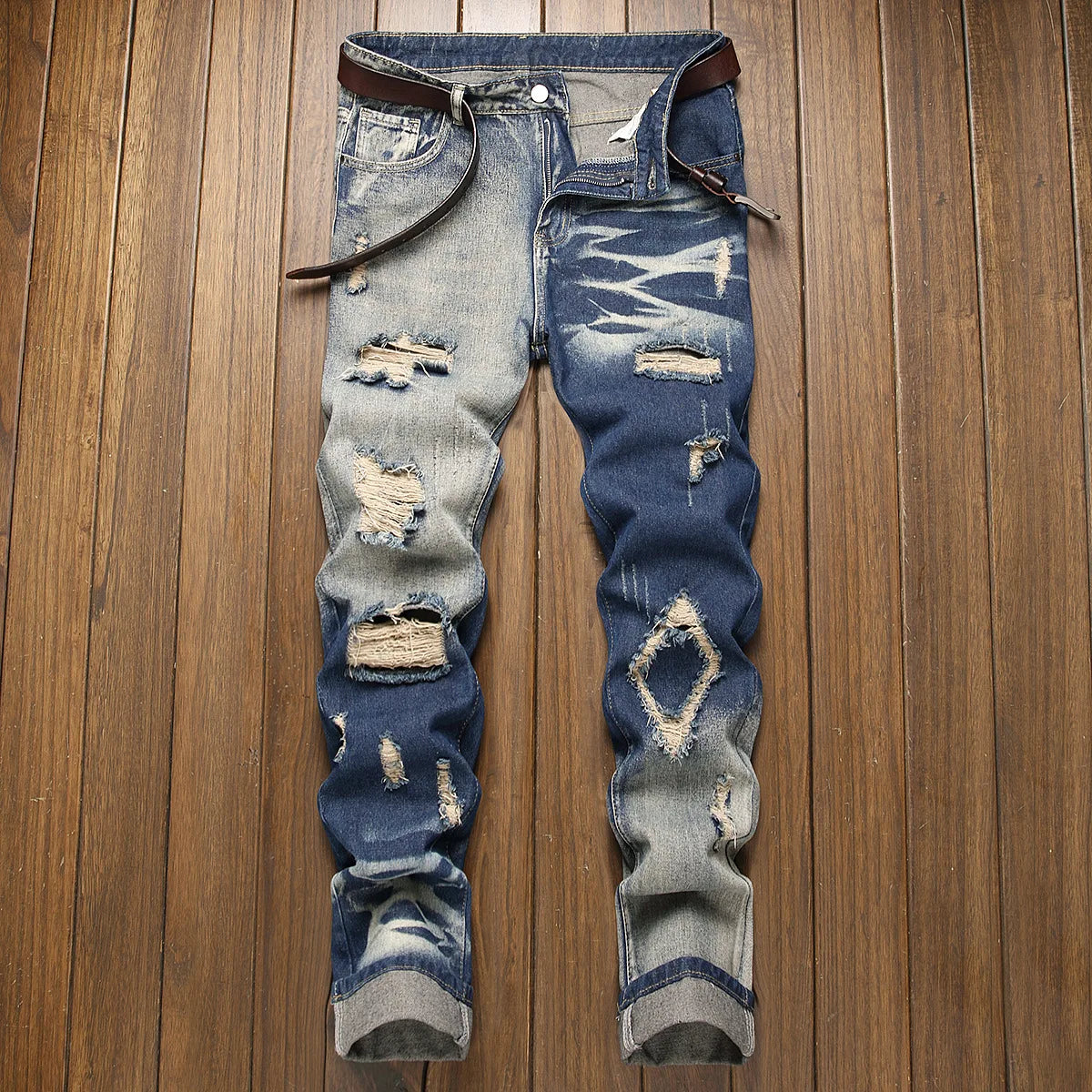 New Retro Jeans Men's Ripped Straight Leg Pants Ripped Jeans Fashionable Casual Pants Trousers Pants Male Street Wear Clothing