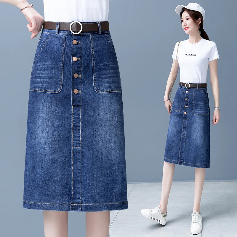 High Waist A-Line Midi Skirt for Women Spring 2023 Denim Split Long Dress Korean Style Commute Pure Color Long Skirt
