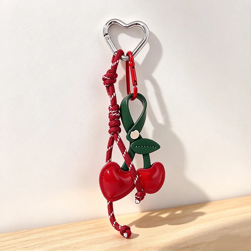 Y2K Leather Rope Red Cherry Keyring Pearl Beads Bag Key Chain Charm Pendant Women Trendy Keychain Decoration