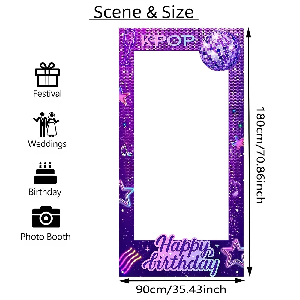 1pc Purple Disco Photo Frame Backdrop Happy Birthday Pattern Polyester Photo Booth Props for Disco Theme Birthday Party Supplies