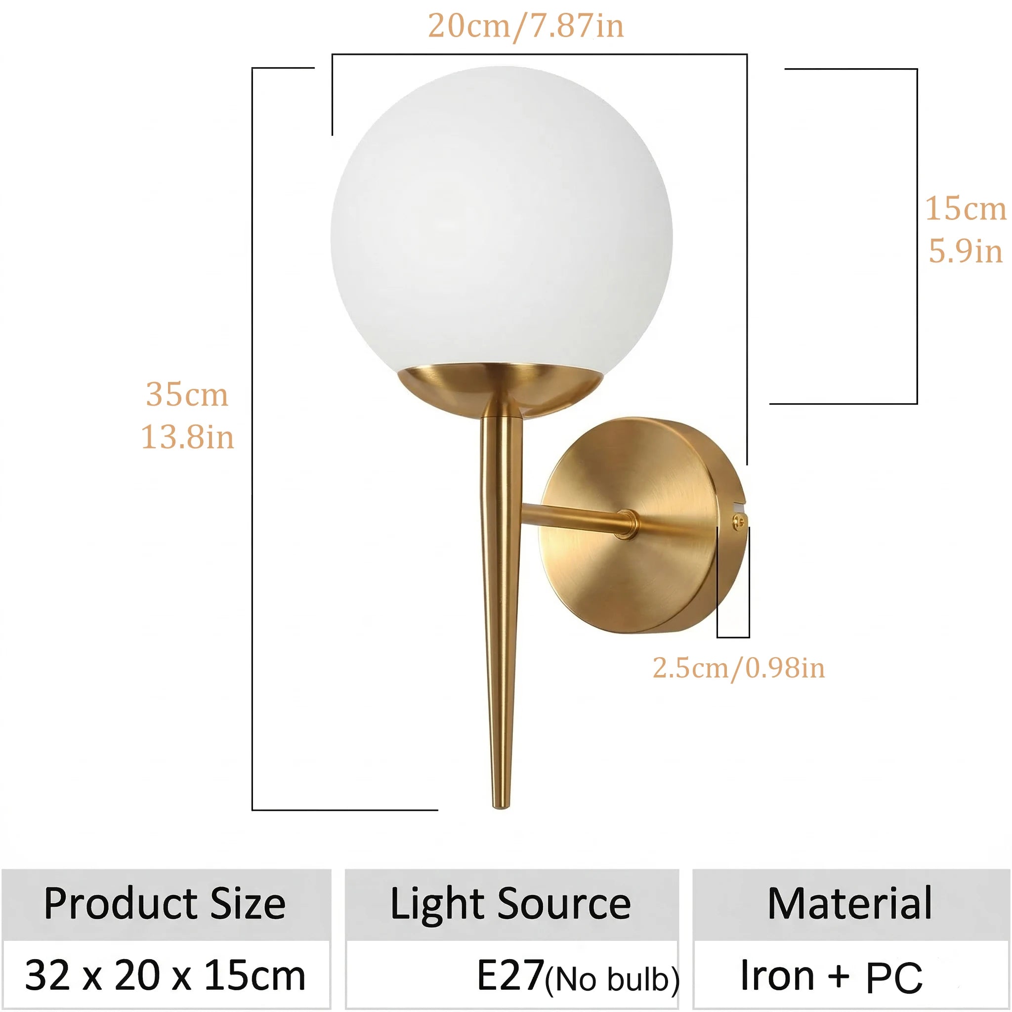 Modern Led Wall Lamps Indoor Golden Wall Lights with Milky PVC Round Ball Bedside Wall Lights Double G9 Bulbs with Light Bulb