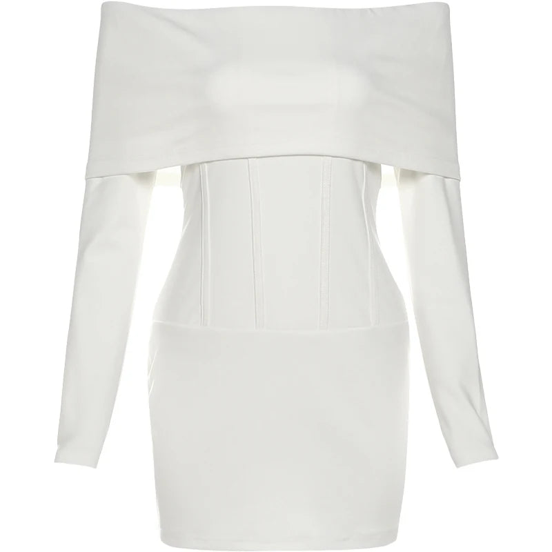 Kliou Off Shoulder Backless Sexy Dress Woman Autumn Trend Lapel Full Sleeve Skinny Peach Hip Midnight Club Party Mini Bodycon